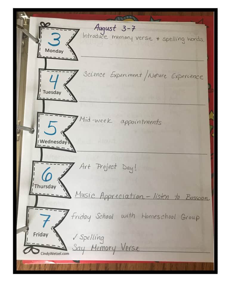 Weekly Homeschool Schedule Example