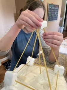 Earthquake experiment with a marshmallow & linguini building.